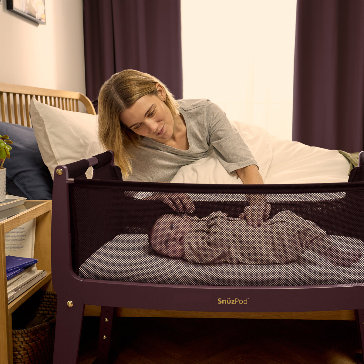 SnuzPod Studio Bedside Crib with mattress - Rome Burgundy