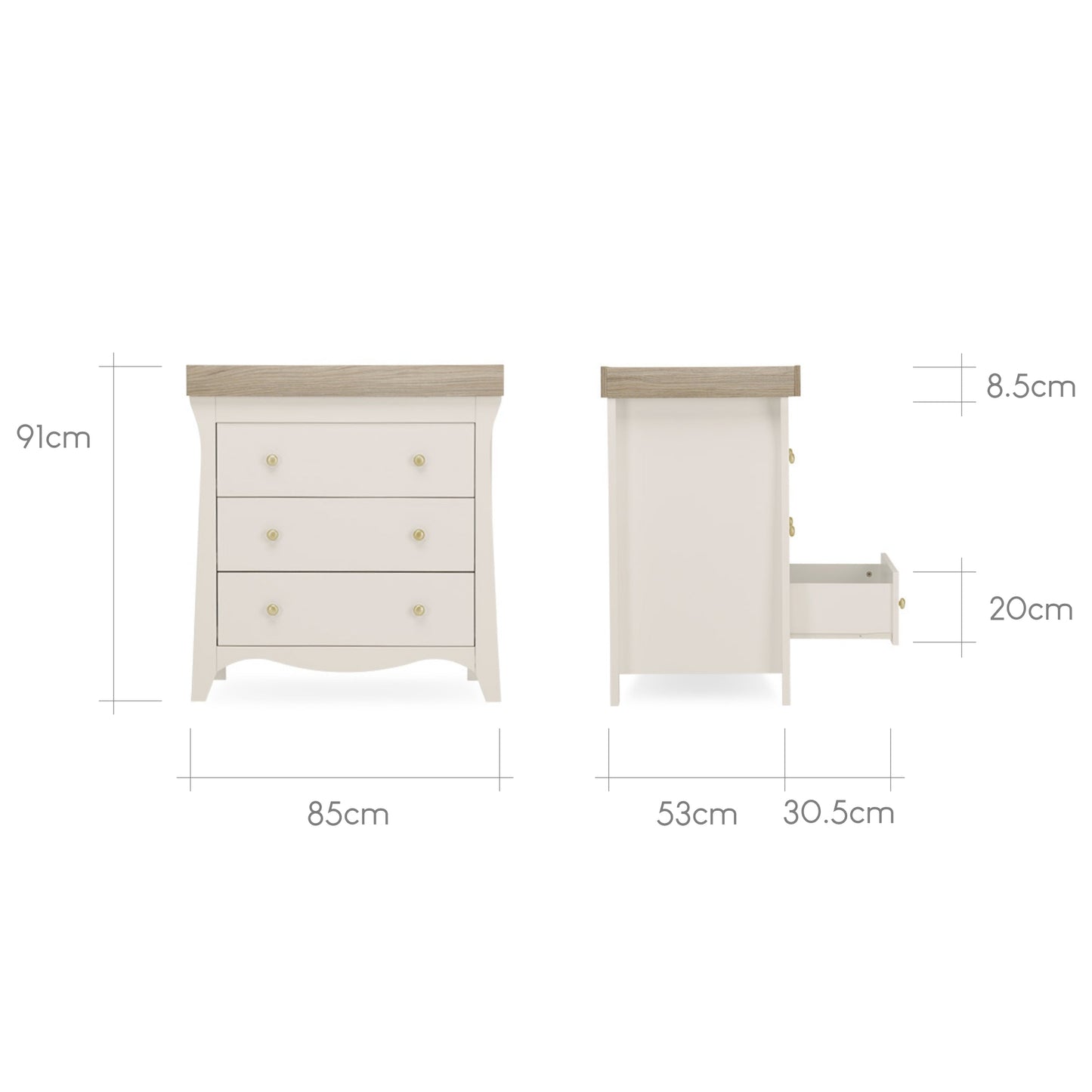 CuddleCo Clara 2pc Set 3 Drawer Dresser & Cot Bed  - Cashmere/Ash