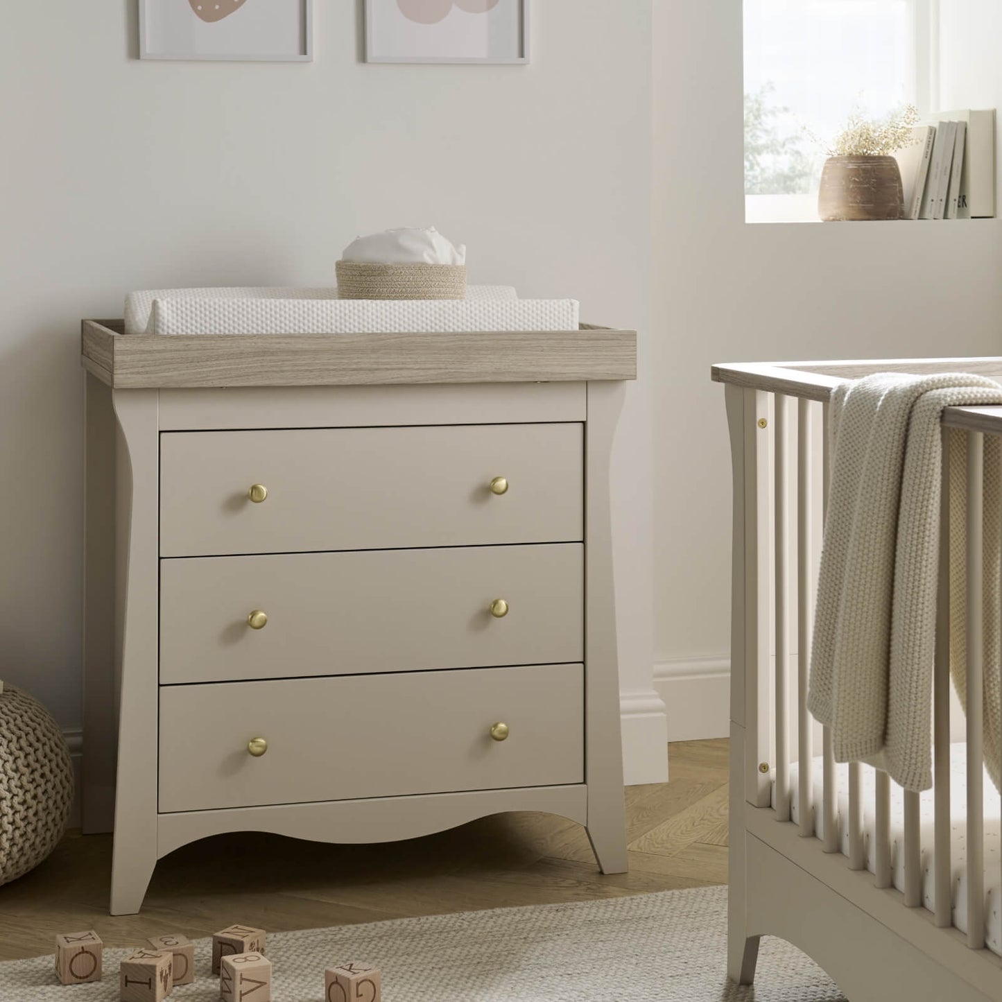 CuddleCo Clara 2pc Set 3 Drawer Dresser & Cot Bed  - Cashmere/Ash