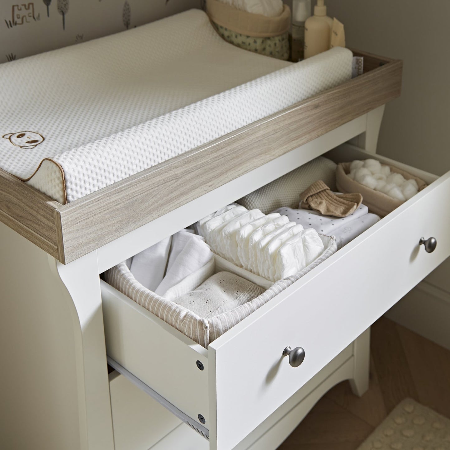 CuddleCo Clara 2pc Set 3 Drawer Dresser & Cot Bed  - White/Ash