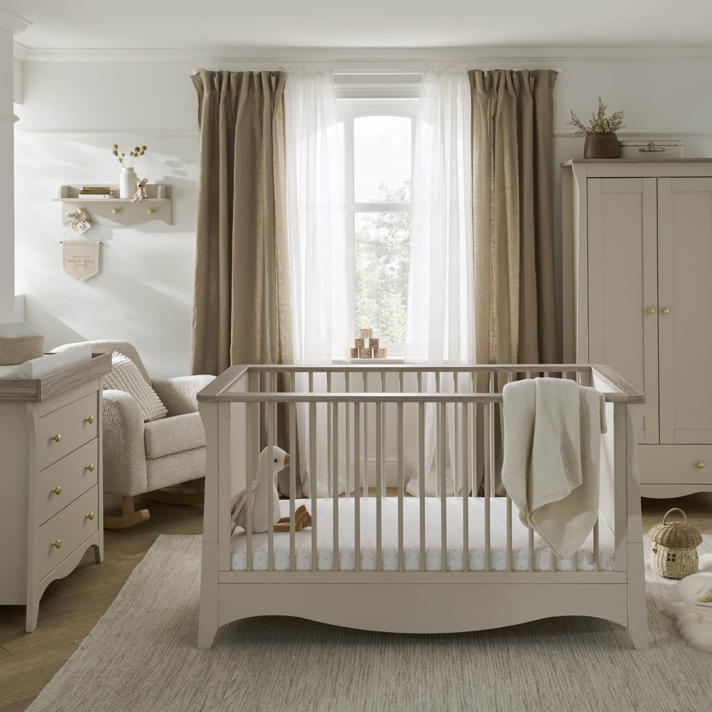 CuddleCo Clara 3pc Set 3 Drawer Dresser, Cot Bed & Wardrobe - Cashmere Ash