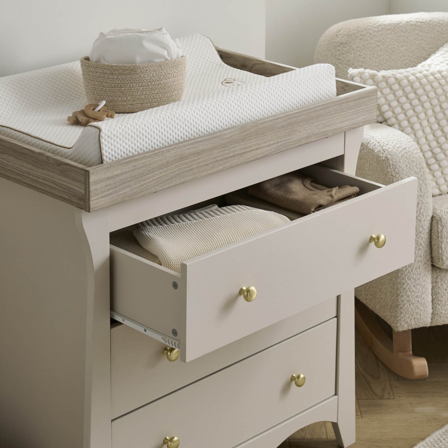 CuddleCo Clara 3pc Set 3 Drawer Dresser, Cot Bed & Wardrobe - Cashmere Ash