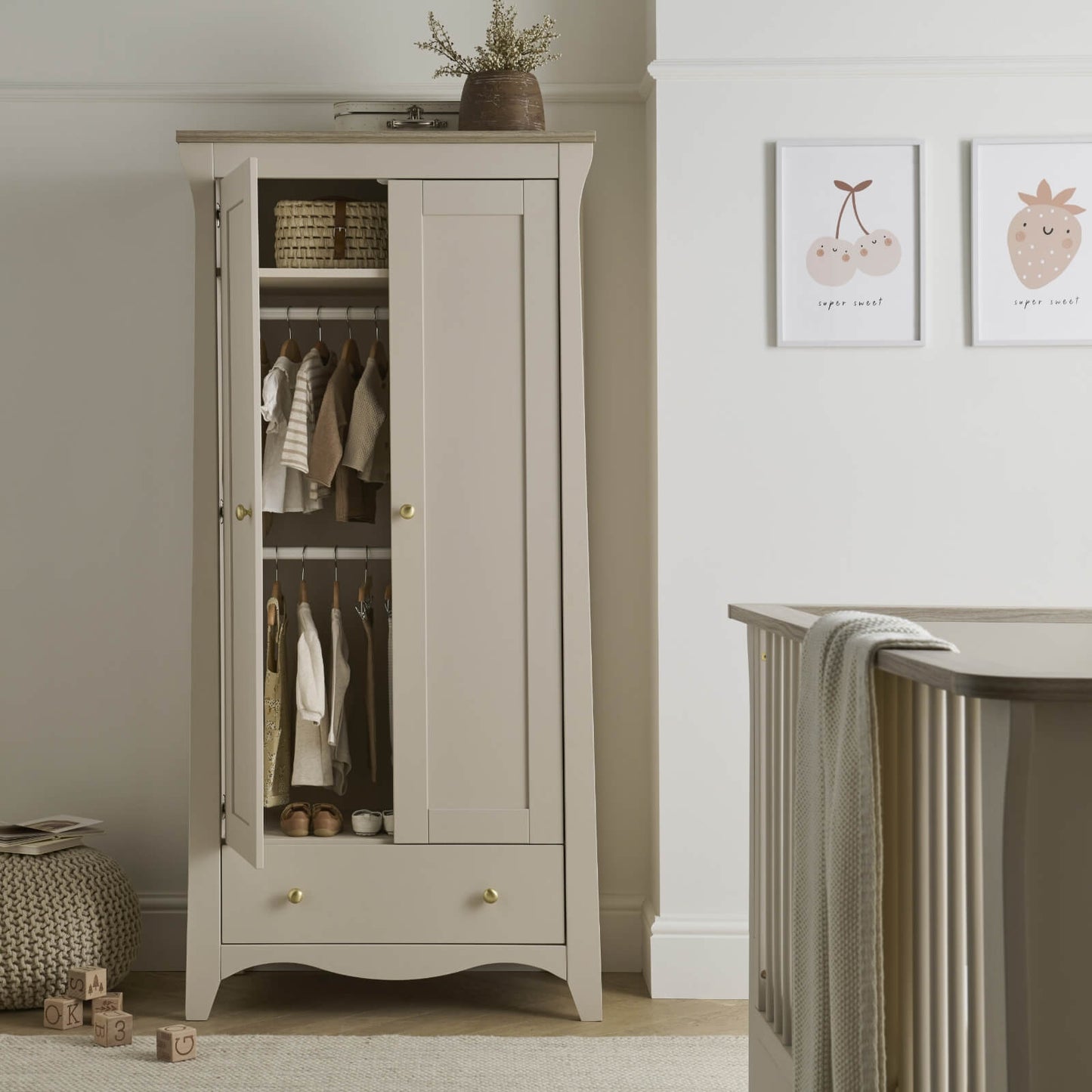 CuddleCo Clara 3pc Set 3 Drawer Dresser, Cot Bed & Wardrobe - Cashmere Ash