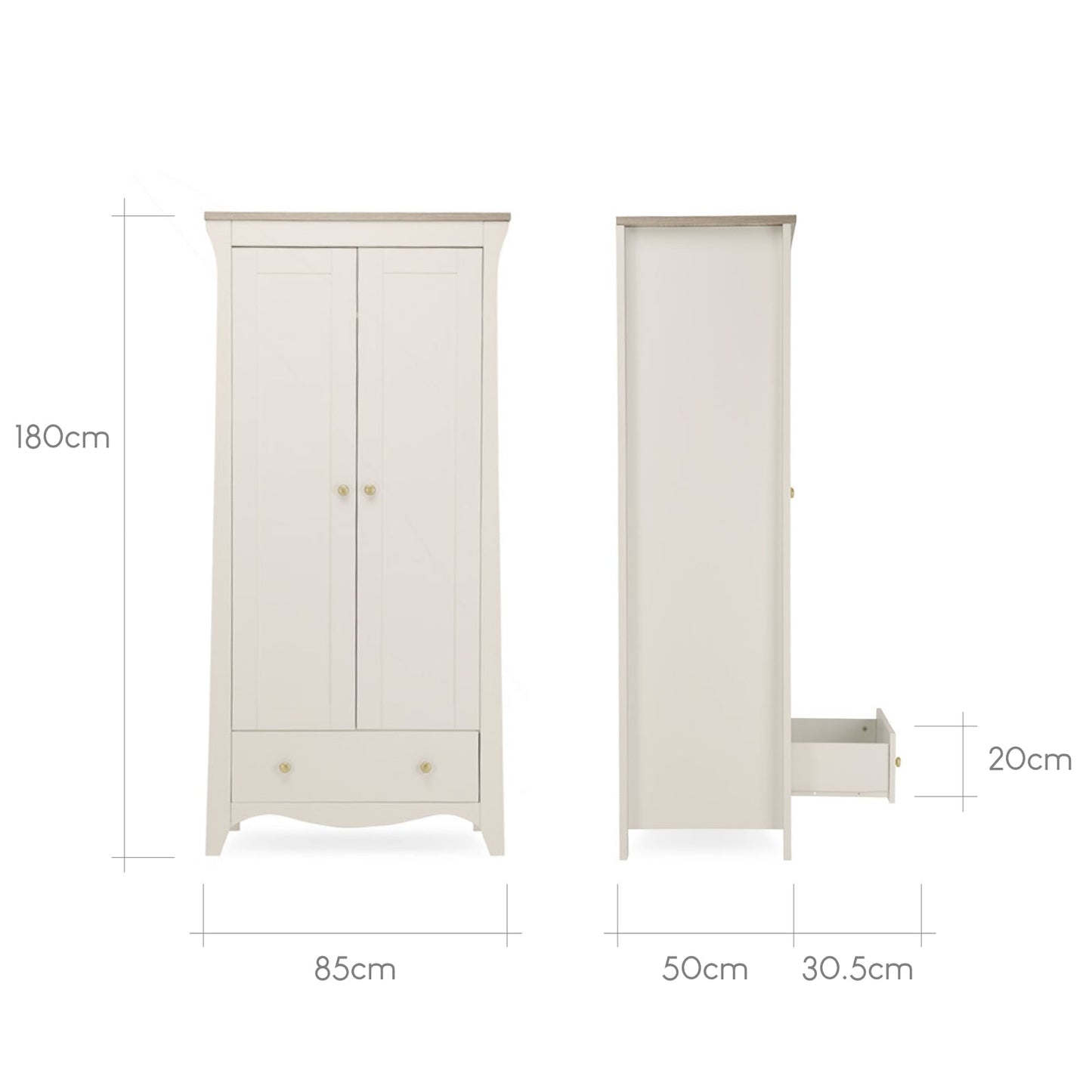 CuddleCo Clara 3pc Set 3 Drawer Dresser, Cot Bed & Wardrobe - Cashmere Ash