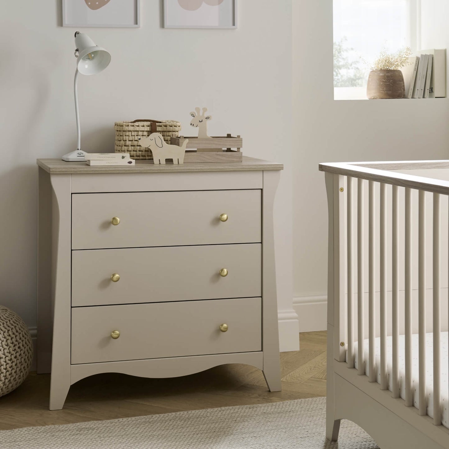 CuddleCo Clara 3pc Set 3 Drawer Dresser, Cot Bed & Wardrobe - Cashmere Ash