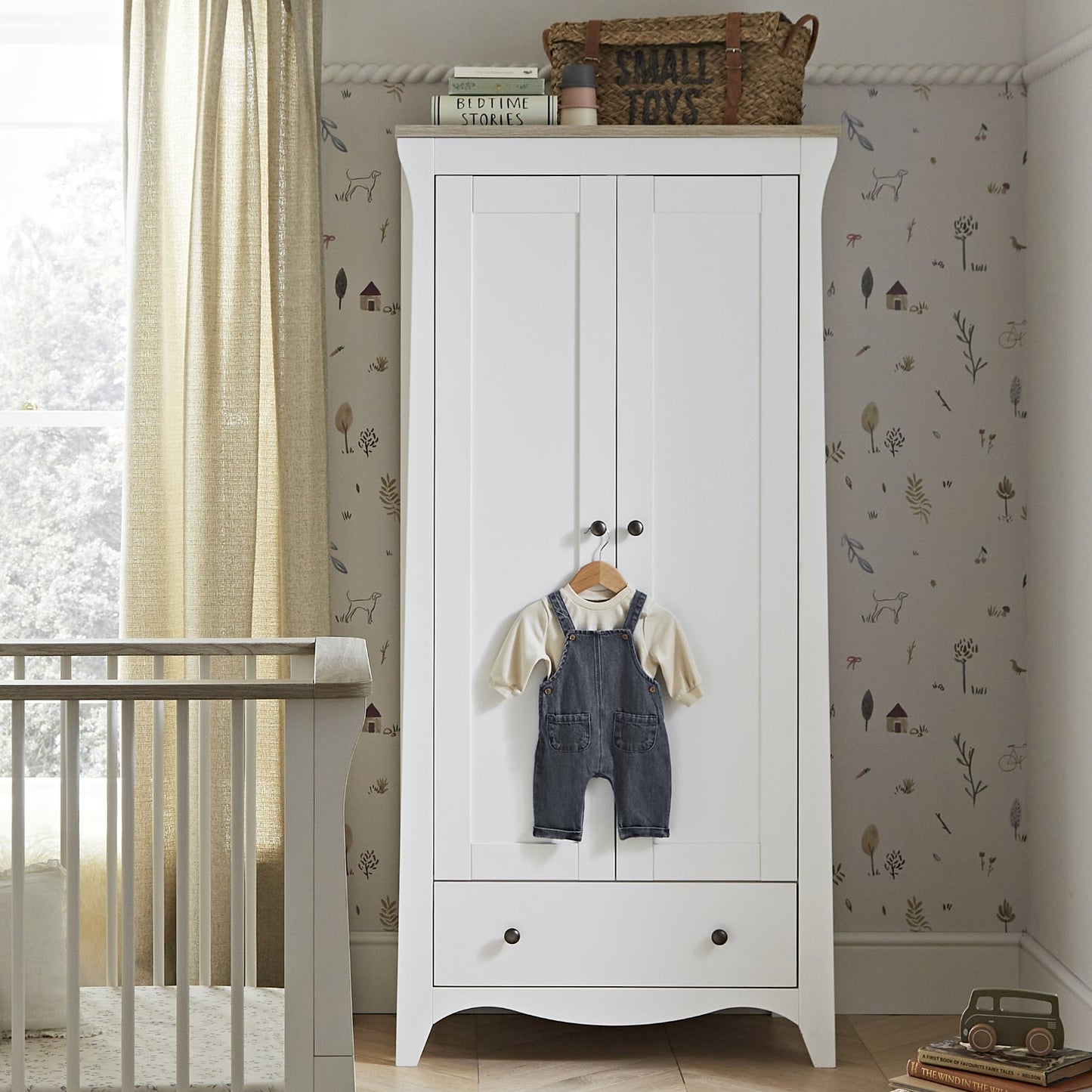 CuddleCo Clara 3pc Set 3 Drawer Dresser, Cot Bed & Wardrobe - White/Ash