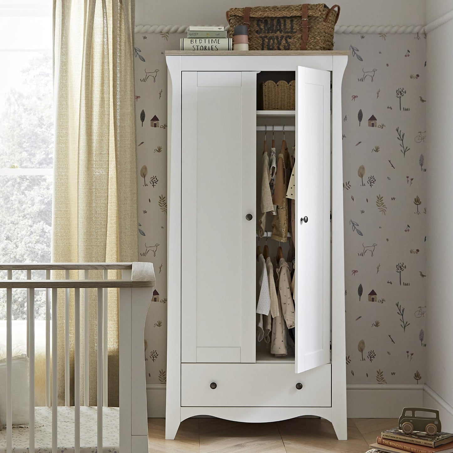 CuddleCo Clara 3pc Set 3 Drawer Dresser, Cot Bed & Wardrobe - White/Ash