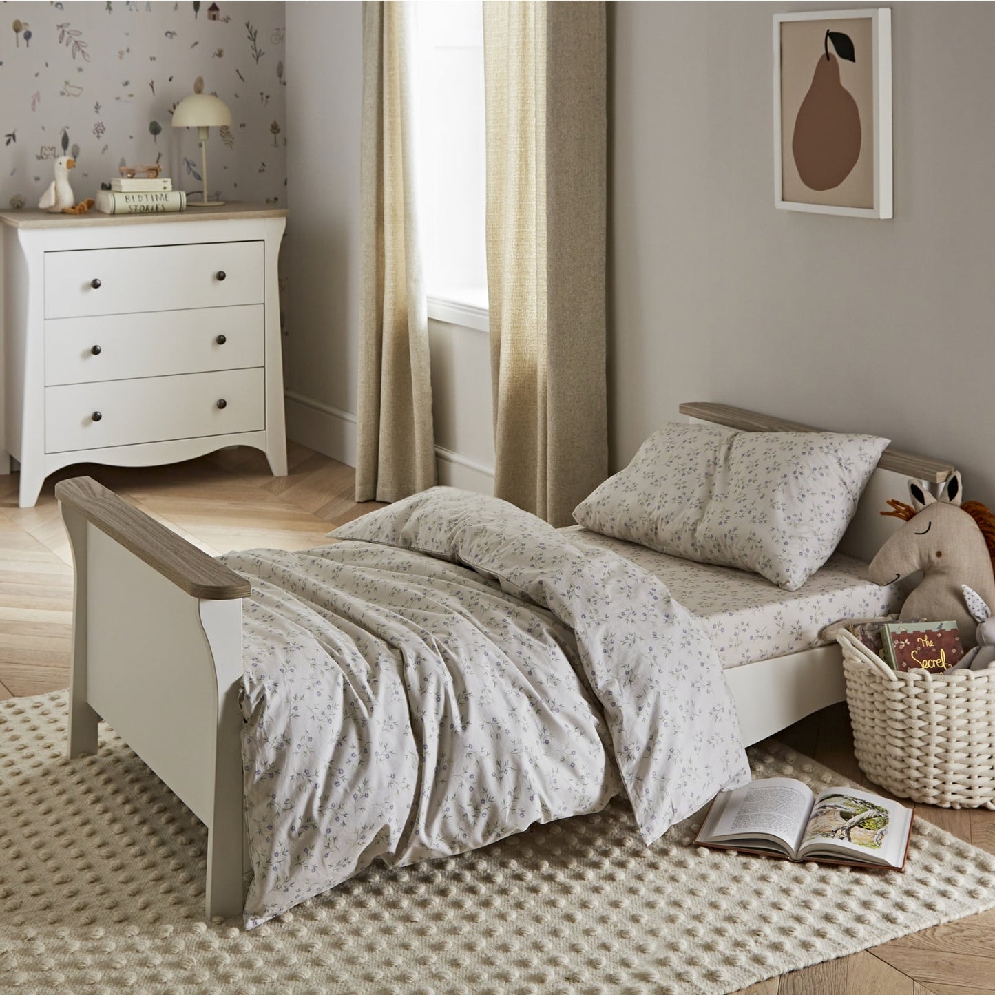 CuddleCo Clara 3pc Set 3 Drawer Dresser, Cot Bed & Wardrobe - White/Ash