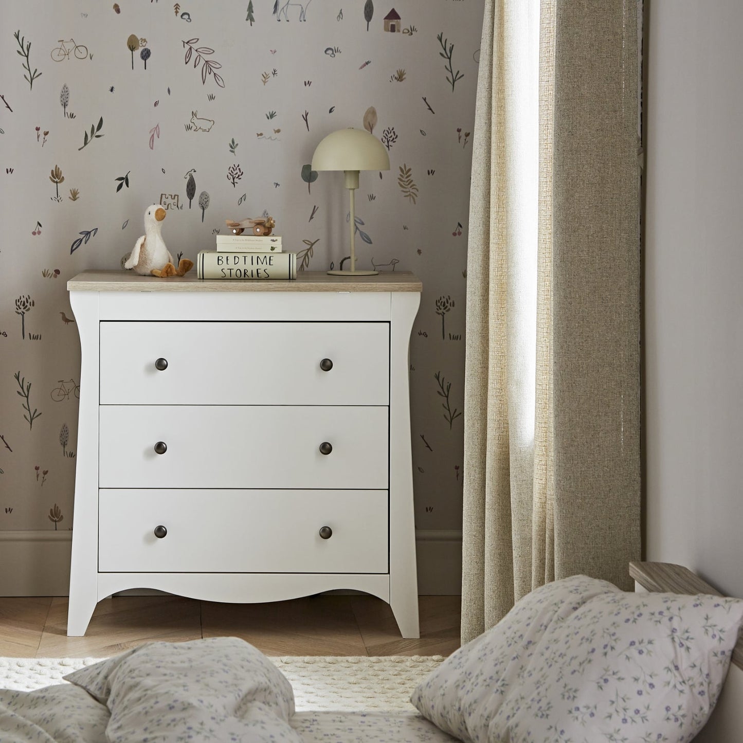 CuddleCo Clara 3pc Set 3 Drawer Dresser, Cot Bed & Wardrobe - White/Ash