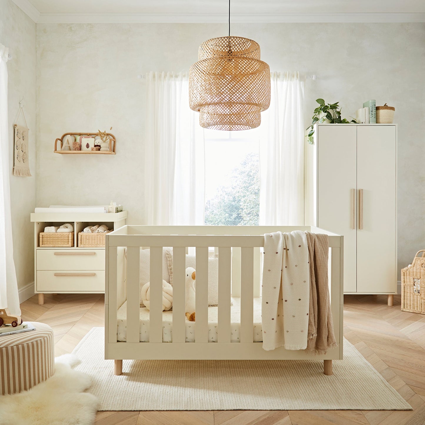 CuddleCo Harper 3pc Set 3 Cot Bed, Dresser Changer & Wardrobe - Cream & Ash