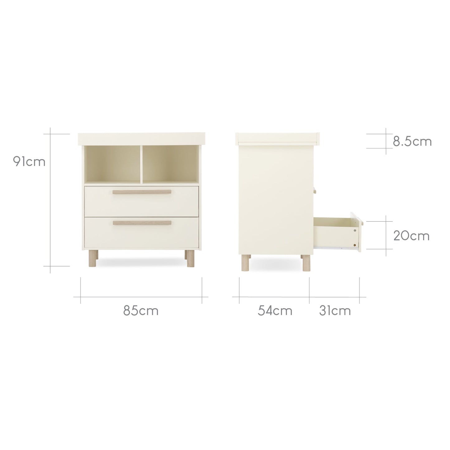 CuddleCo Harper 3pc Set 3 Cot Bed, Dresser Changer & Wardrobe - Cream & Ash