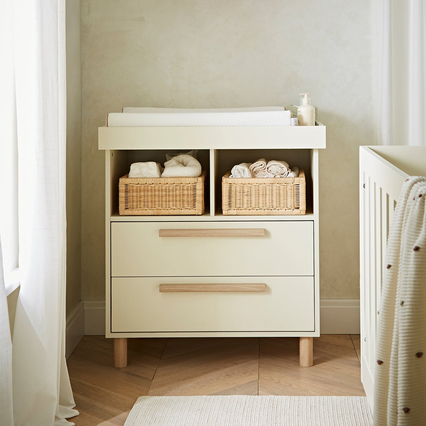 CuddleCo Harper 3pc Set 3 Cot Bed, Dresser Changer & Wardrobe - Cream & Ash