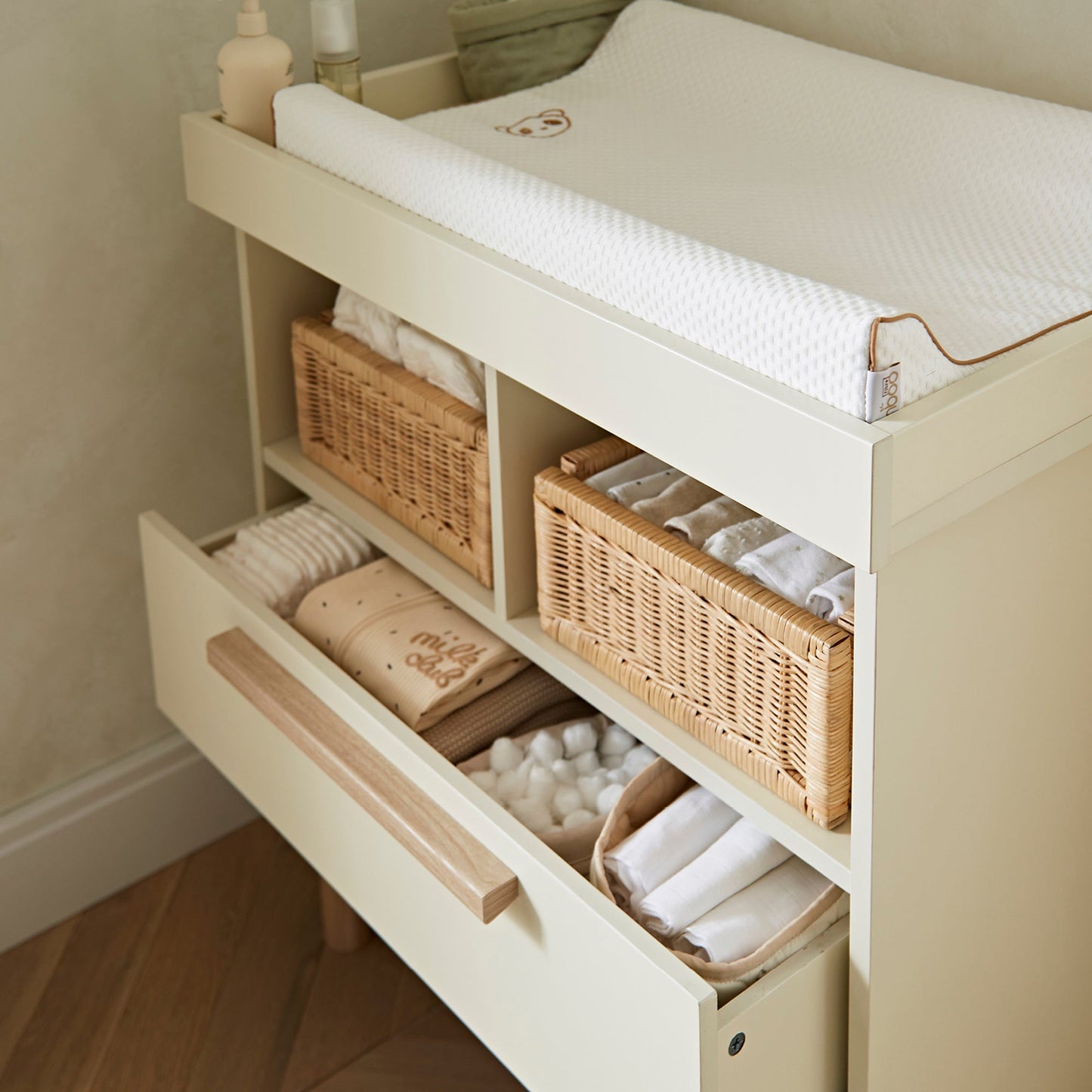 CuddleCo Harper 3pc Set 3 Cot Bed, Dresser Changer & Wardrobe - Cream & Ash