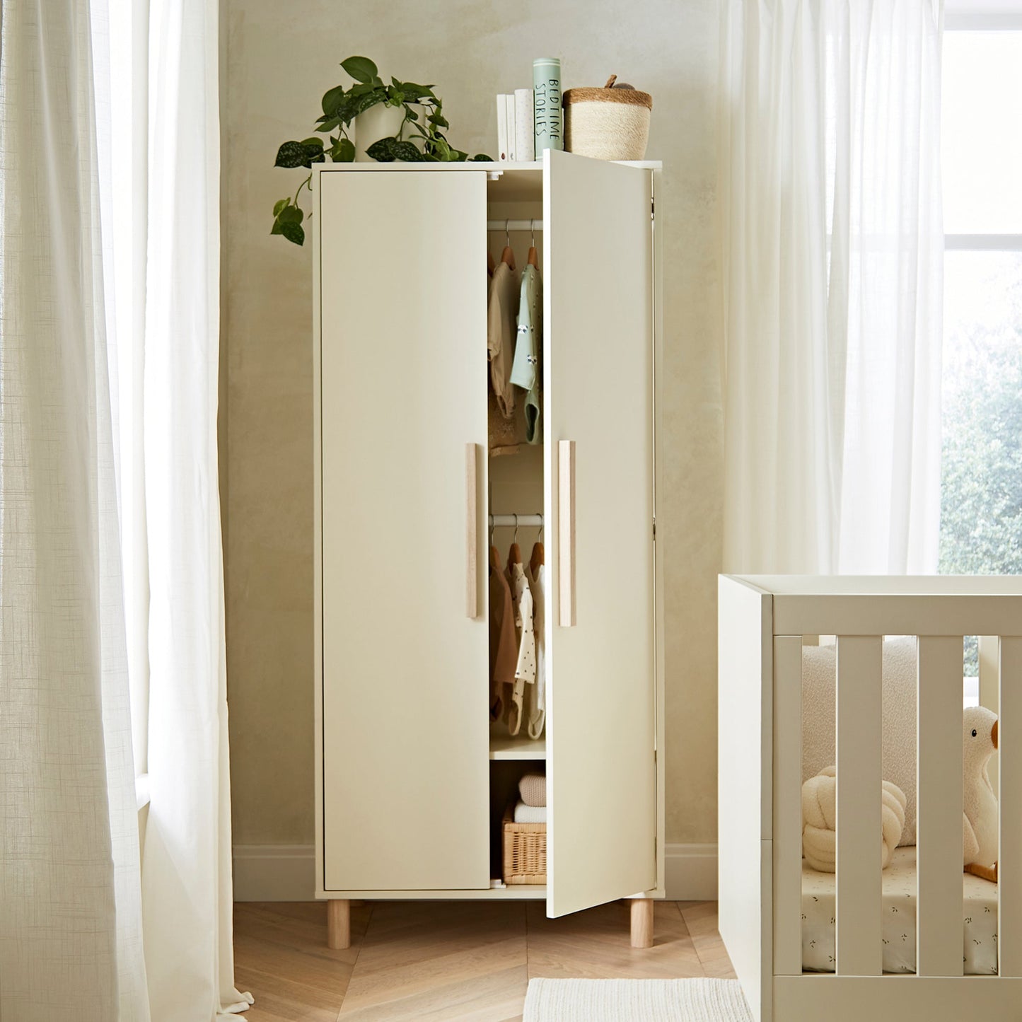 CuddleCo Harper 3pc Set 3 Cot Bed, Dresser Changer & Wardrobe - Cream & Ash